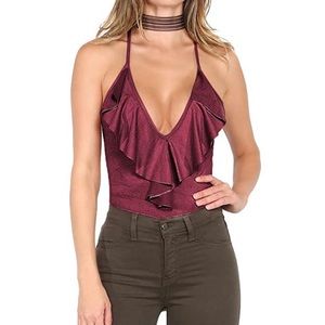 Velvet Ruffle Plunge Maroon Bodysuit